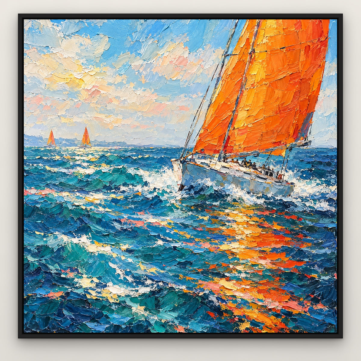 Tangerine Sails, blue seascape hand-painted canvas wall art in a slim black float frame – Gallery 23