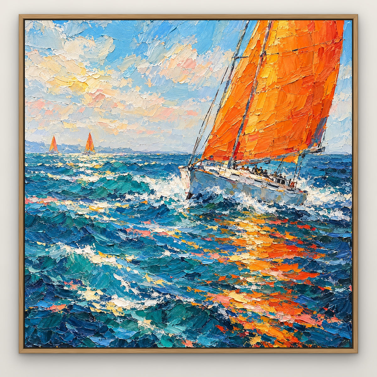 Tangerine Sails, blue seascape hand-painted canvas wall art in a slim oak float frame – Gallery 23