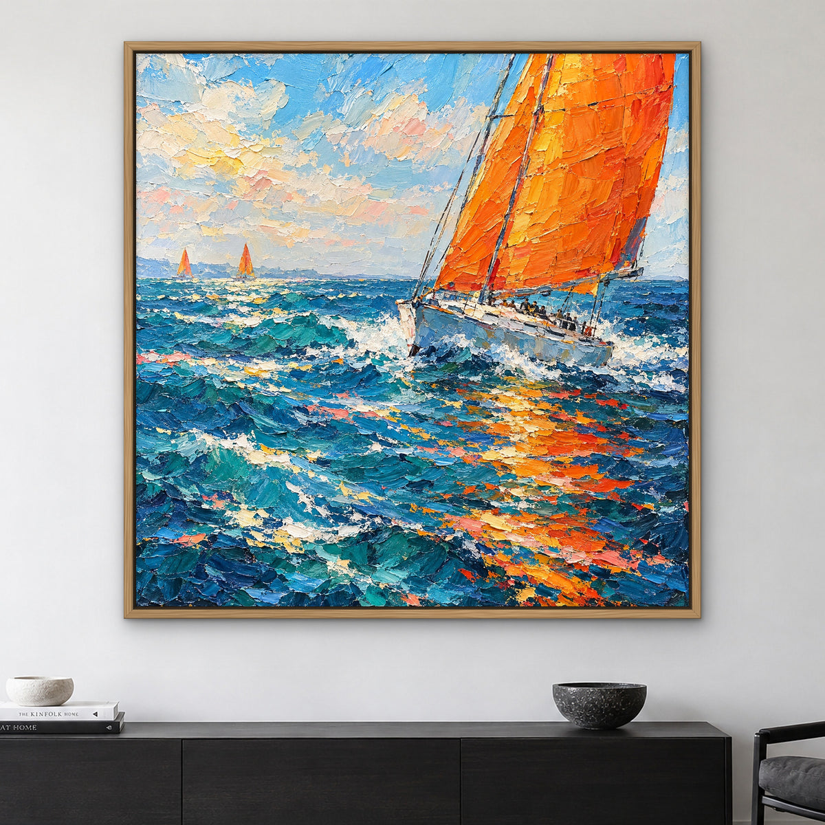 Tangerine Sails, blue seascape hand-painted canvas wall art in a living room – Gallery 23