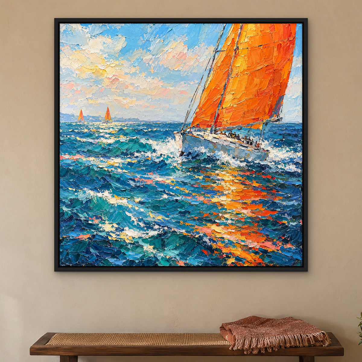 Tangerine Sails, blue seascape hand-painted canvas wall art in a bedroom – Gallery 23