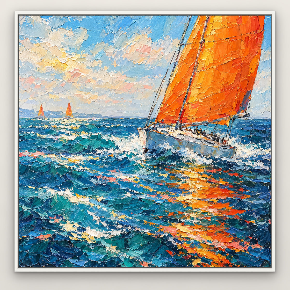 Tangerine Sails, blue seascape hand-painted canvas wall art in a slim white float frame – Gallery 23