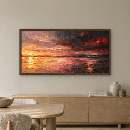 Ember Reflections, red abstract hand-painted canvas wall art in a dining room – Gallery 23