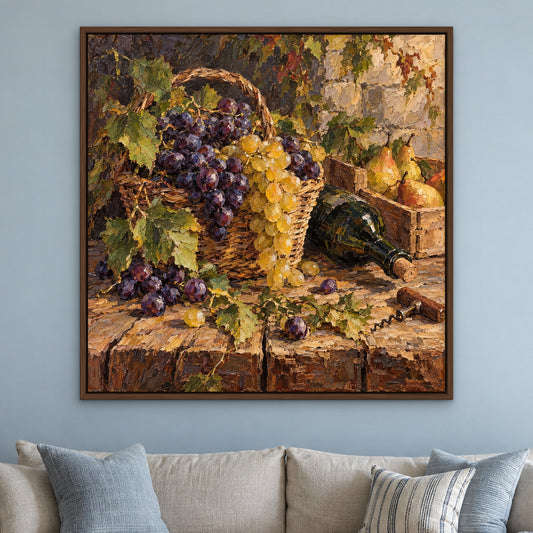 Vintner's Table, red still life hand-painted canvas wall art in a living room – Gallery 23