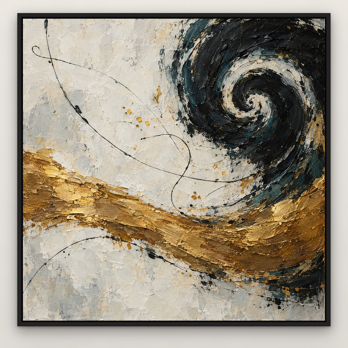 Ink and Bronze Rhythm, teal abstract hand-painted canvas wall art in a slim black float frame – Gallery 23