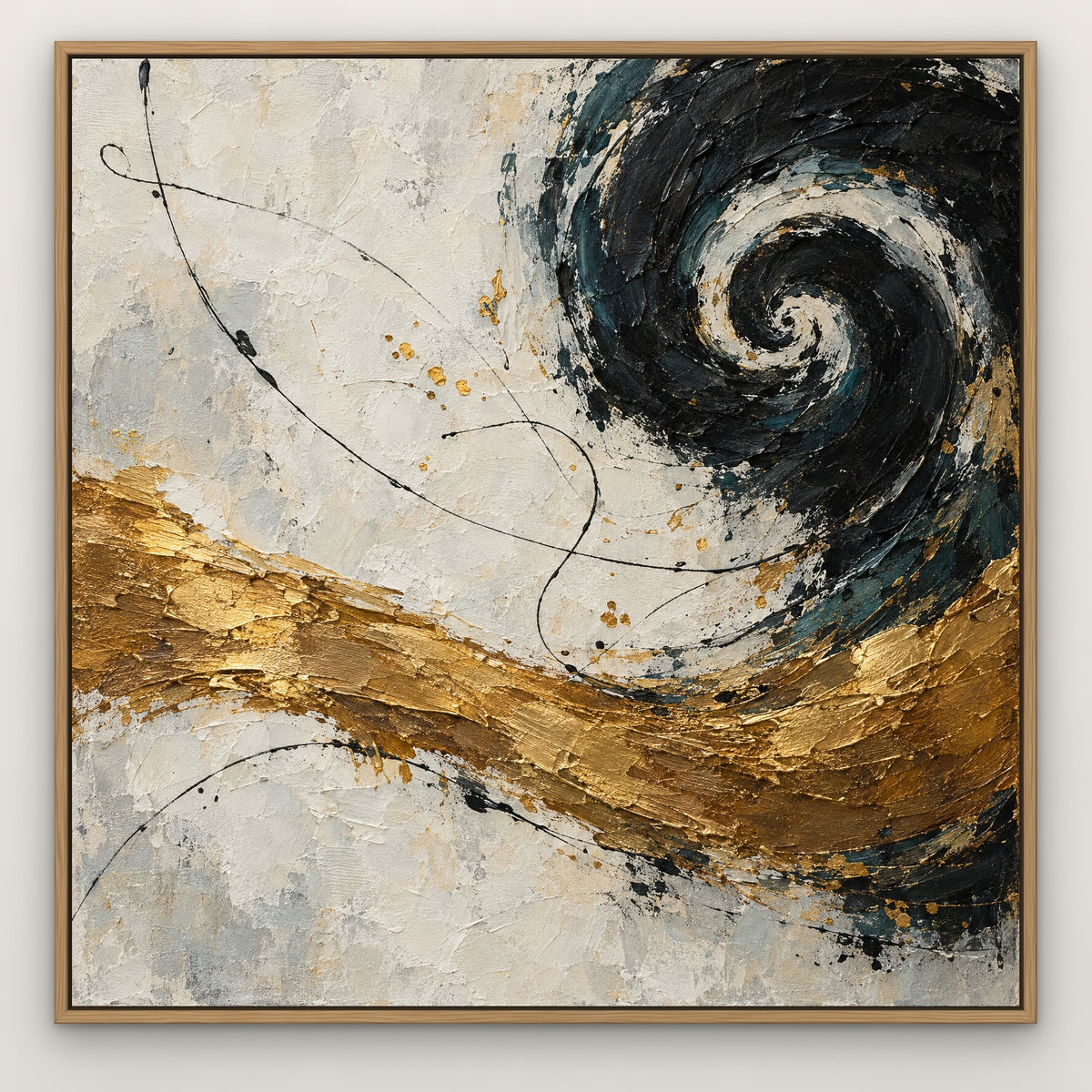 Ink and Bronze Rhythm, teal abstract hand-painted canvas wall art in a slim oak float frame – Gallery 23