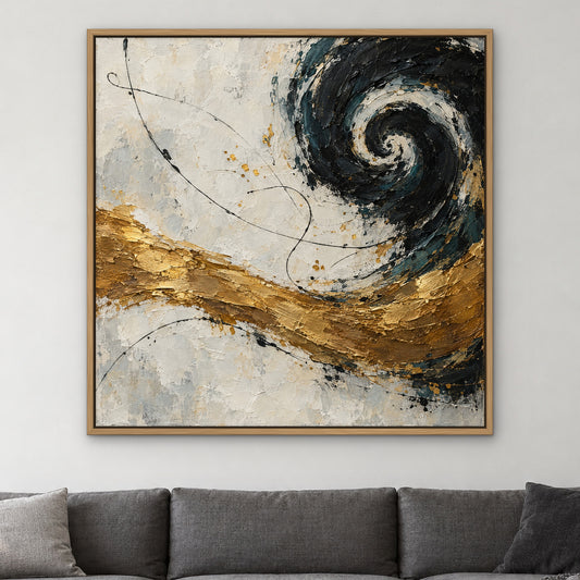 Ink and Bronze Rhythm, teal abstract hand-painted canvas wall art in a living room – Gallery 23