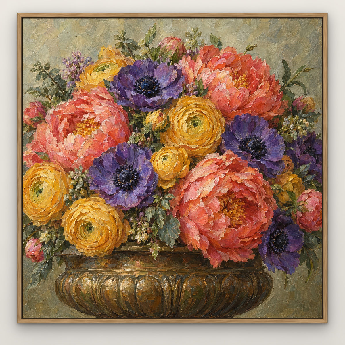 Opulent Floral Urn, colourful hand-painted canvas wall art in a slim oak float frame – Gallery 23
