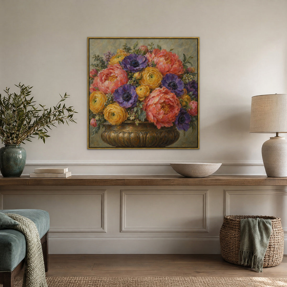 Opulent Floral Urn, colourful hand-painted canvas wall art in a hallway – Gallery 23