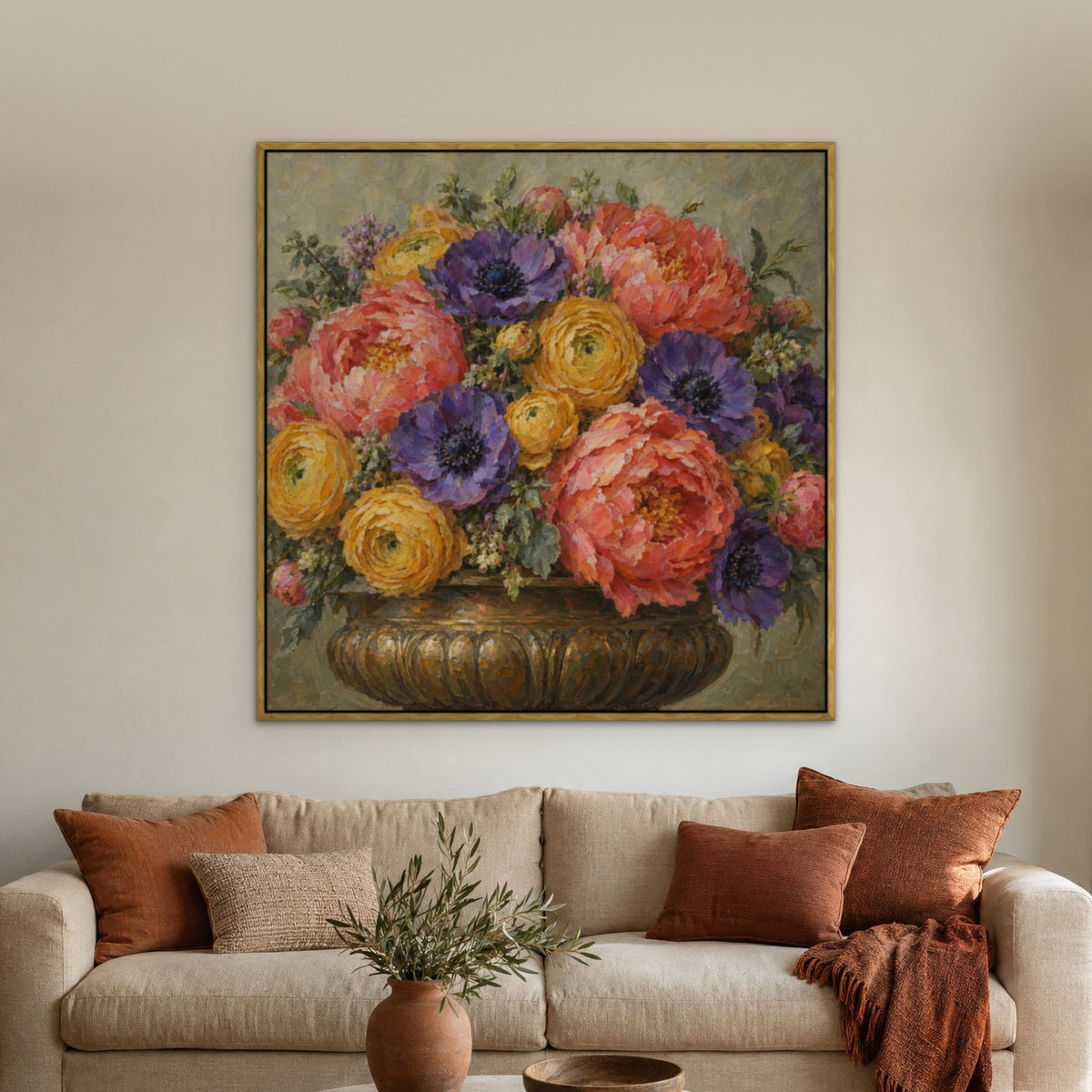Opulent Floral Urn, colourful hand-painted canvas wall art in a living room – Gallery 23