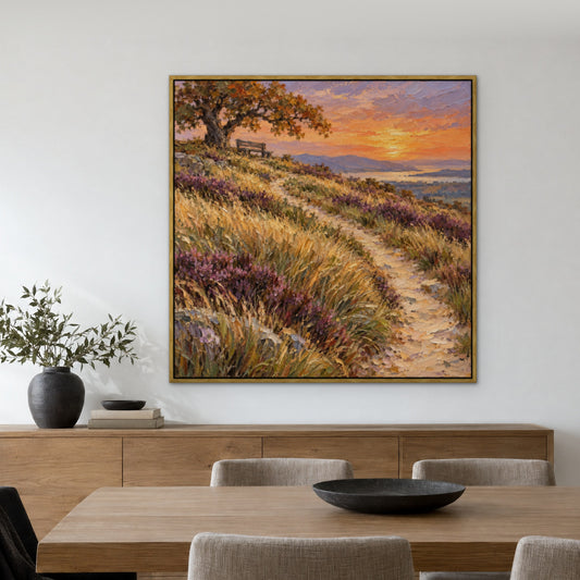 Wild Grass Path, green coastal hand-painted canvas wall art in a dining room – Gallery 23