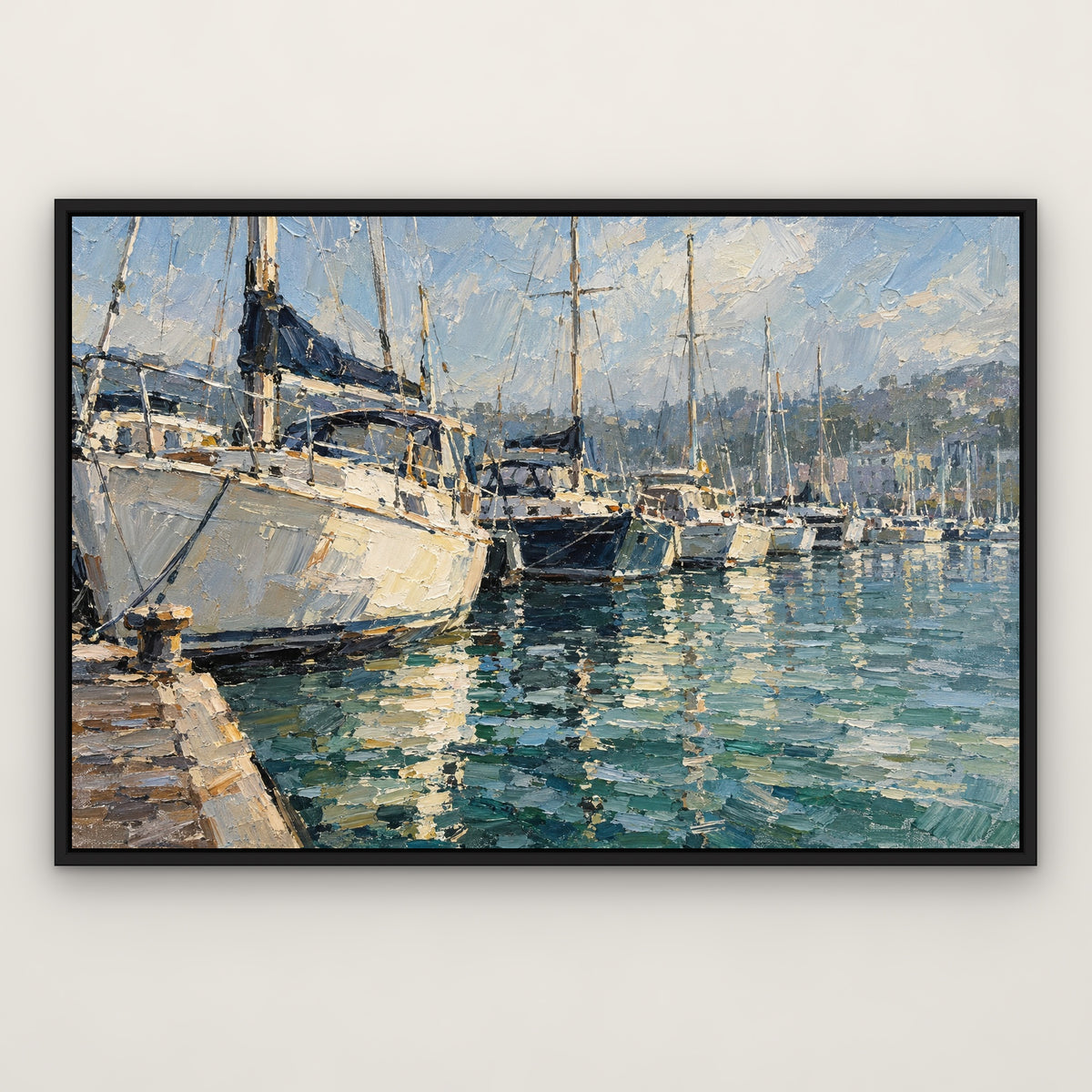 Moored Yachts, blue seascape hand-painted canvas wall art in a slim black float frame – Gallery 23