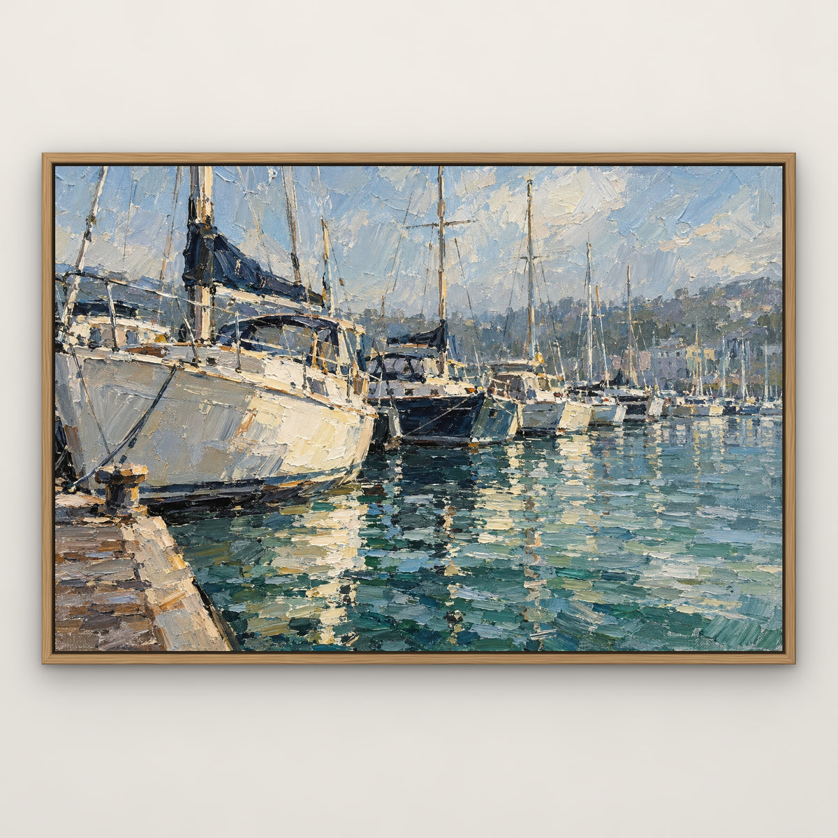 Moored Yachts, blue seascape hand-painted canvas wall art in a slim oak float frame – Gallery 23