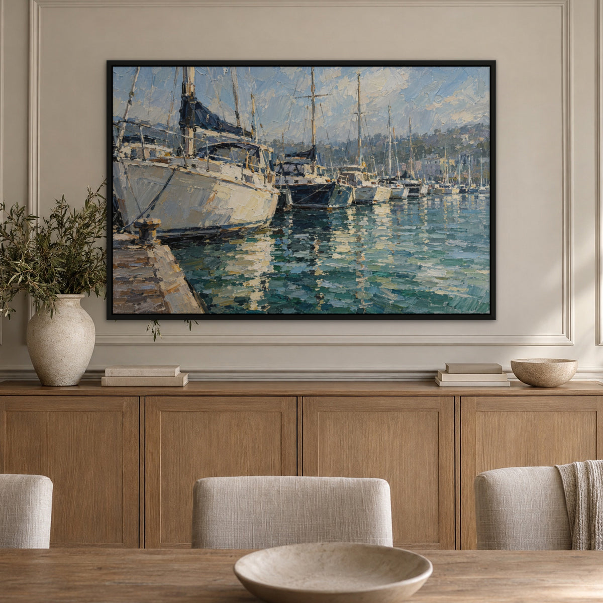Moored Yachts, blue seascape hand-painted canvas wall art in a dining room – Gallery 23