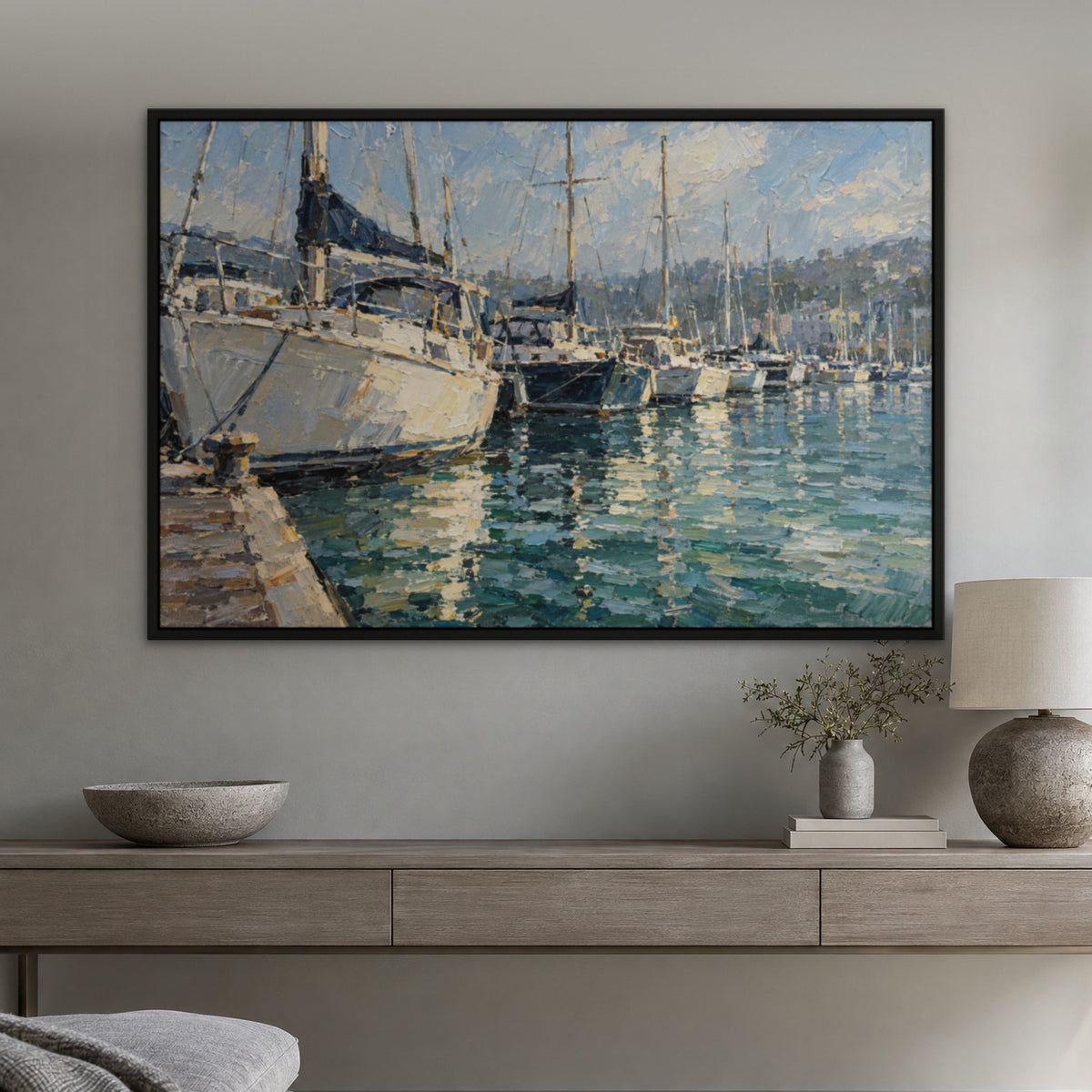 Moored Yachts, blue seascape hand-painted canvas wall art in a hallway – Gallery 23