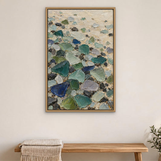 Sea Glass Mosaic, blue abstract hand-painted canvas wall art in a bedroom – Gallery 23