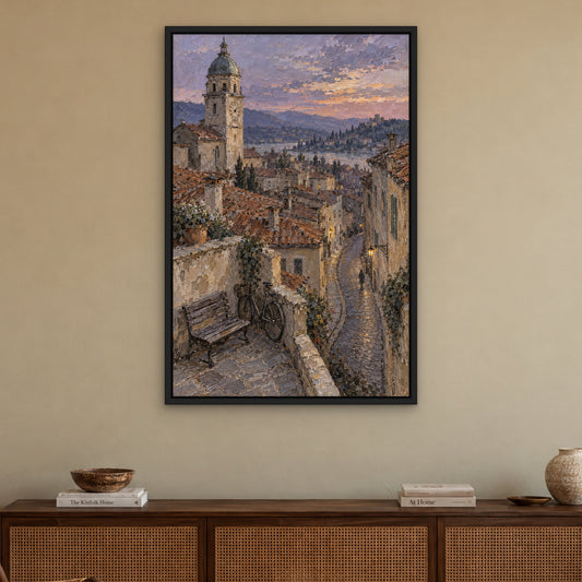 Clock Tower Street, grey cityscape hand-painted canvas wall art in a living room – Gallery 23