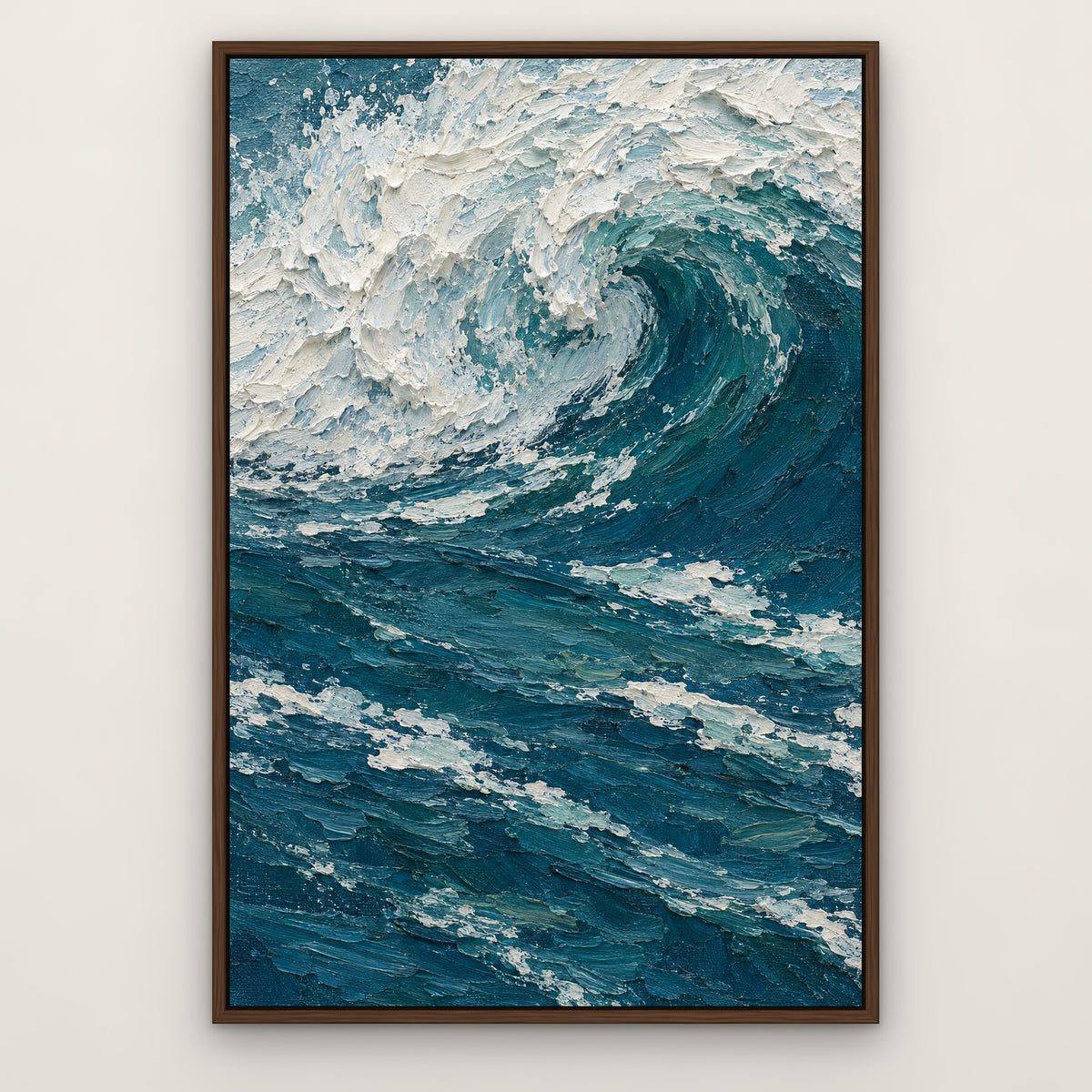 Sculpted Surf, blue seascape hand-painted canvas wall art in a slim walnut float frame – Gallery 23
