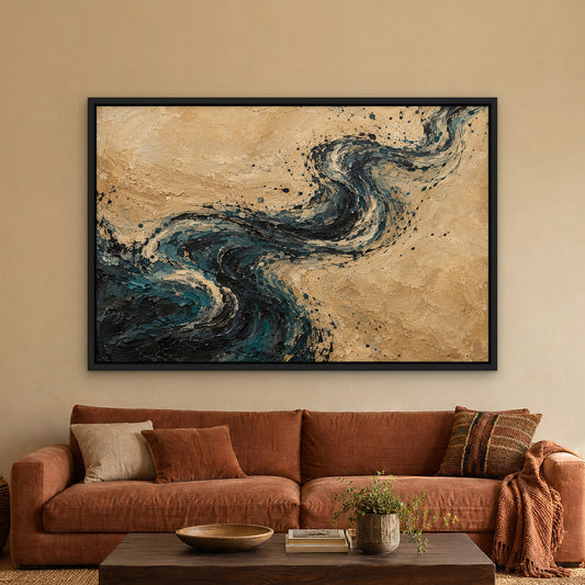 Ink Swirl on Sand, yellow abstract hand-painted canvas wall art in a living room – Gallery 23