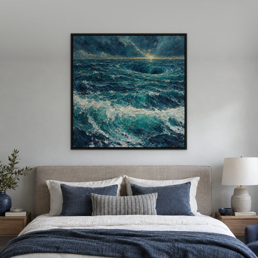 Turquoise Whirlpool, teal abstract hand-painted canvas wall art in a bedroom – Gallery 23