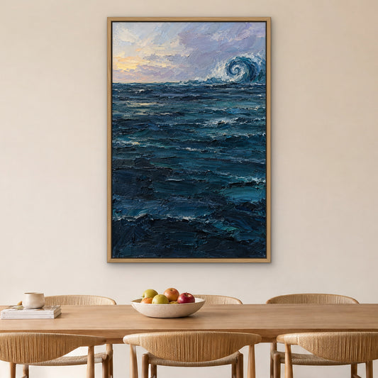 Ocean Spiral, blue abstract hand-painted canvas wall art in a dining room – Gallery 23