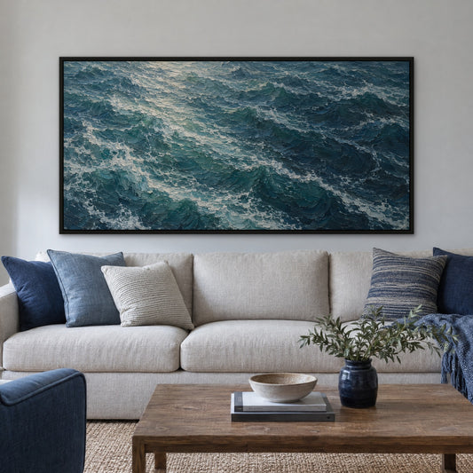 Rolling Atlantic, blue seascape hand-painted canvas wall art in a living room – Gallery 23