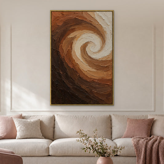 Mocha Ribbon, brown abstract hand-painted canvas wall art in a living room – Gallery 23