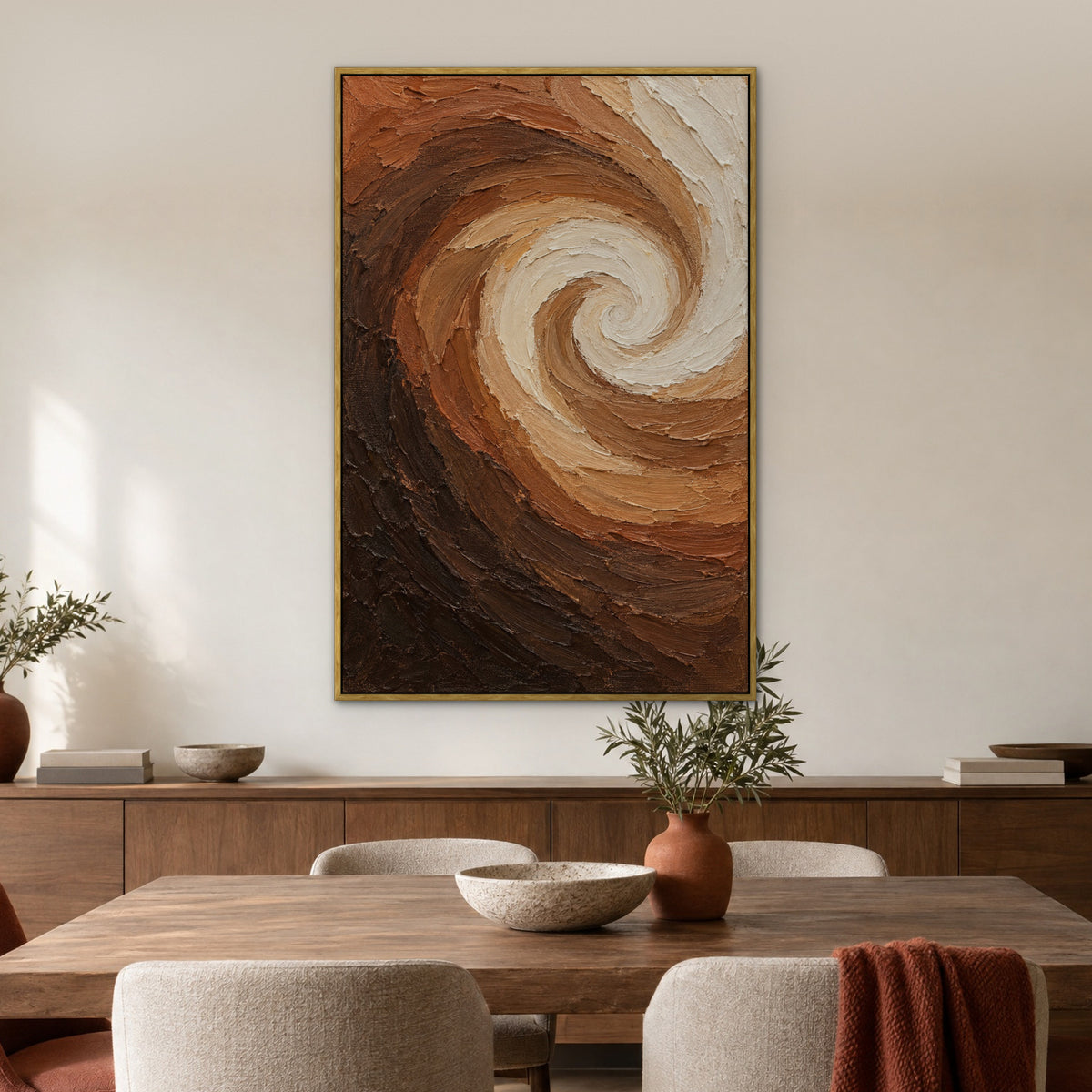 Mocha Ribbon, brown abstract hand-painted canvas wall art in a dining room – Gallery 23