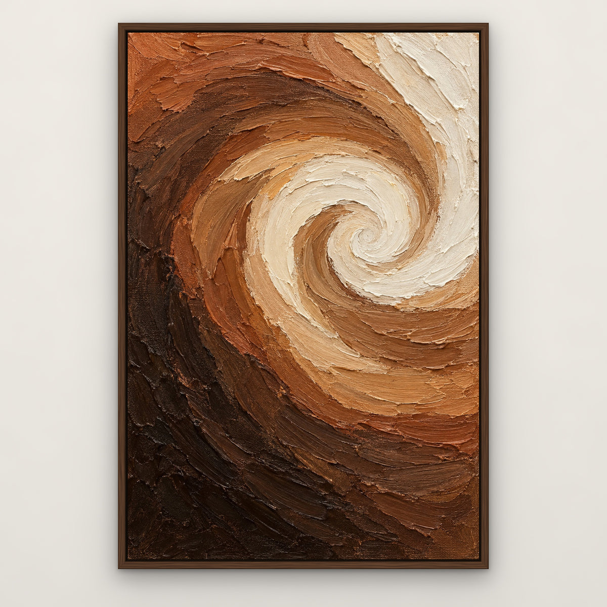 Mocha Ribbon, brown abstract hand-painted canvas wall art in a slim walnut float frame – Gallery 23