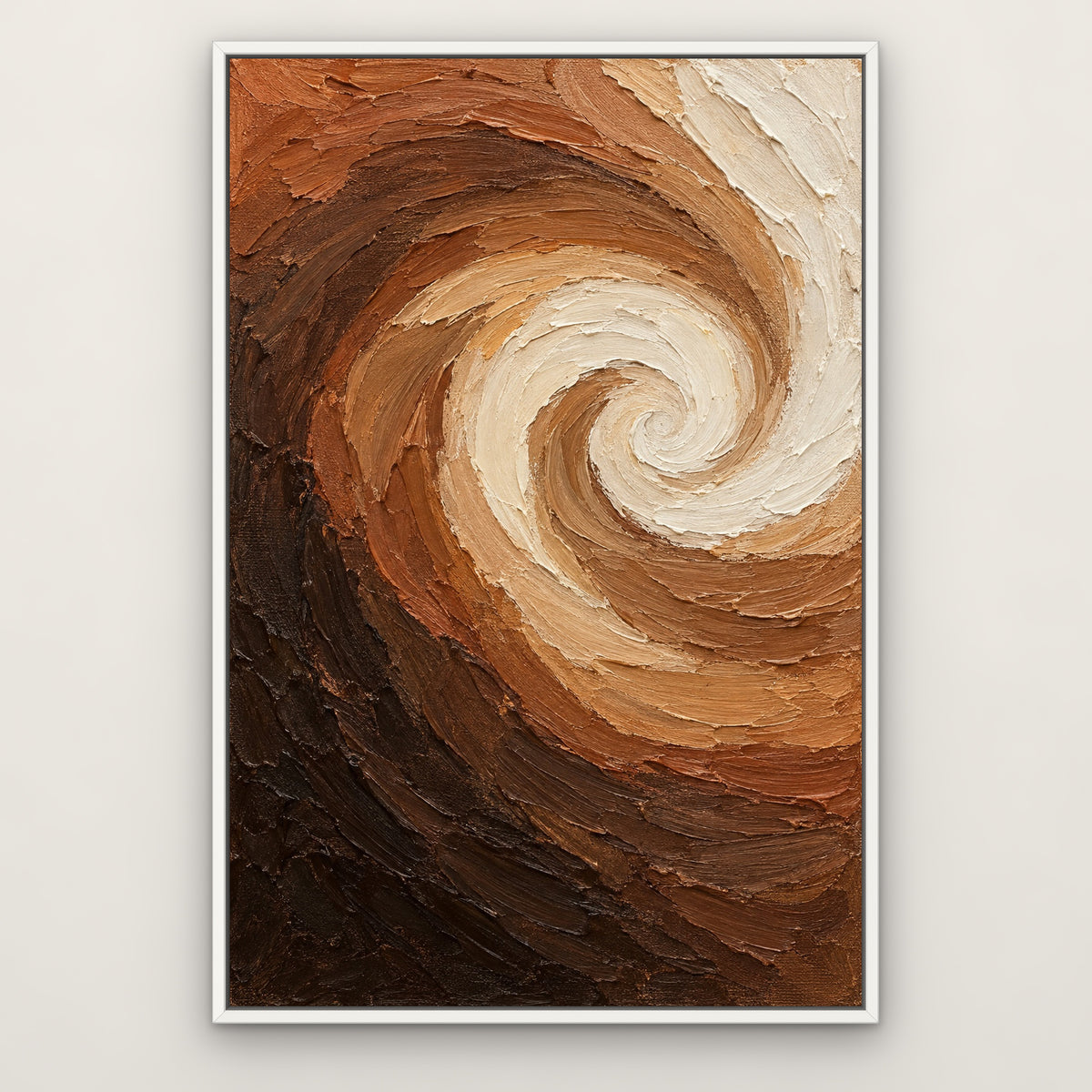 Mocha Ribbon, brown abstract hand-painted canvas wall art in a slim white float frame – Gallery 23
