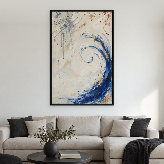 Cobalt Flourish, blue abstract hand-painted canvas wall art in a living room – Gallery 23