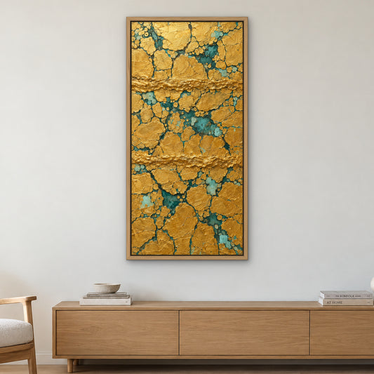 Teal Gold Current, abstract hand-painted canvas wall art in a living room – Gallery 23