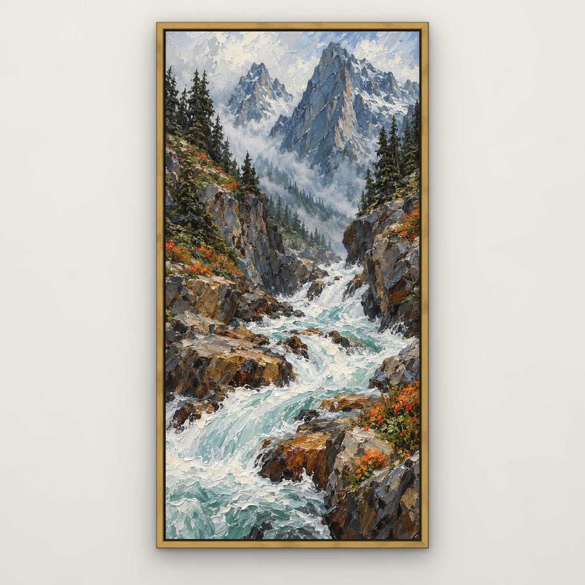 Mountain Rapids, blue mountain landscape hand-painted canvas wall art in a slim antique gold float frame – Gallery 23
