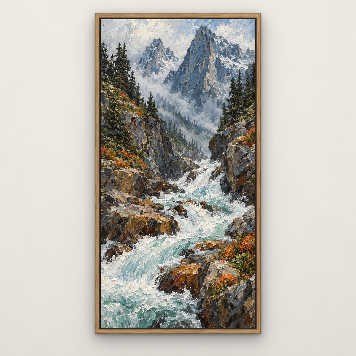 Mountain Rapids, blue mountain landscape hand-painted canvas wall art in a slim oak float frame – Gallery 23