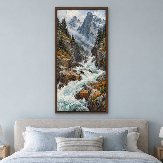 Mountain Rapids, blue mountain landscape hand-painted canvas wall art in a bedroom – Gallery 23