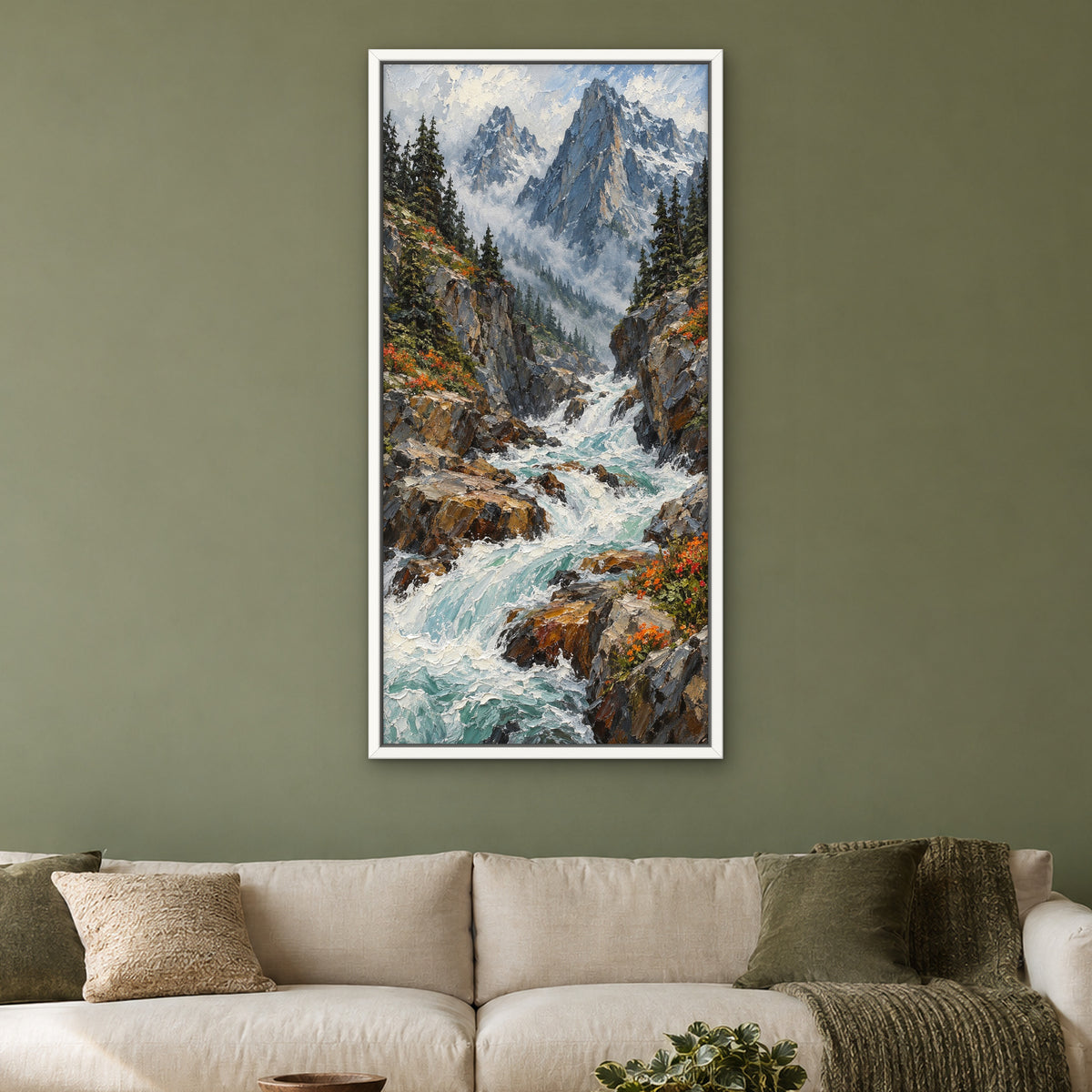 Mountain Rapids, blue mountain landscape hand-painted canvas wall art in a living room – Gallery 23