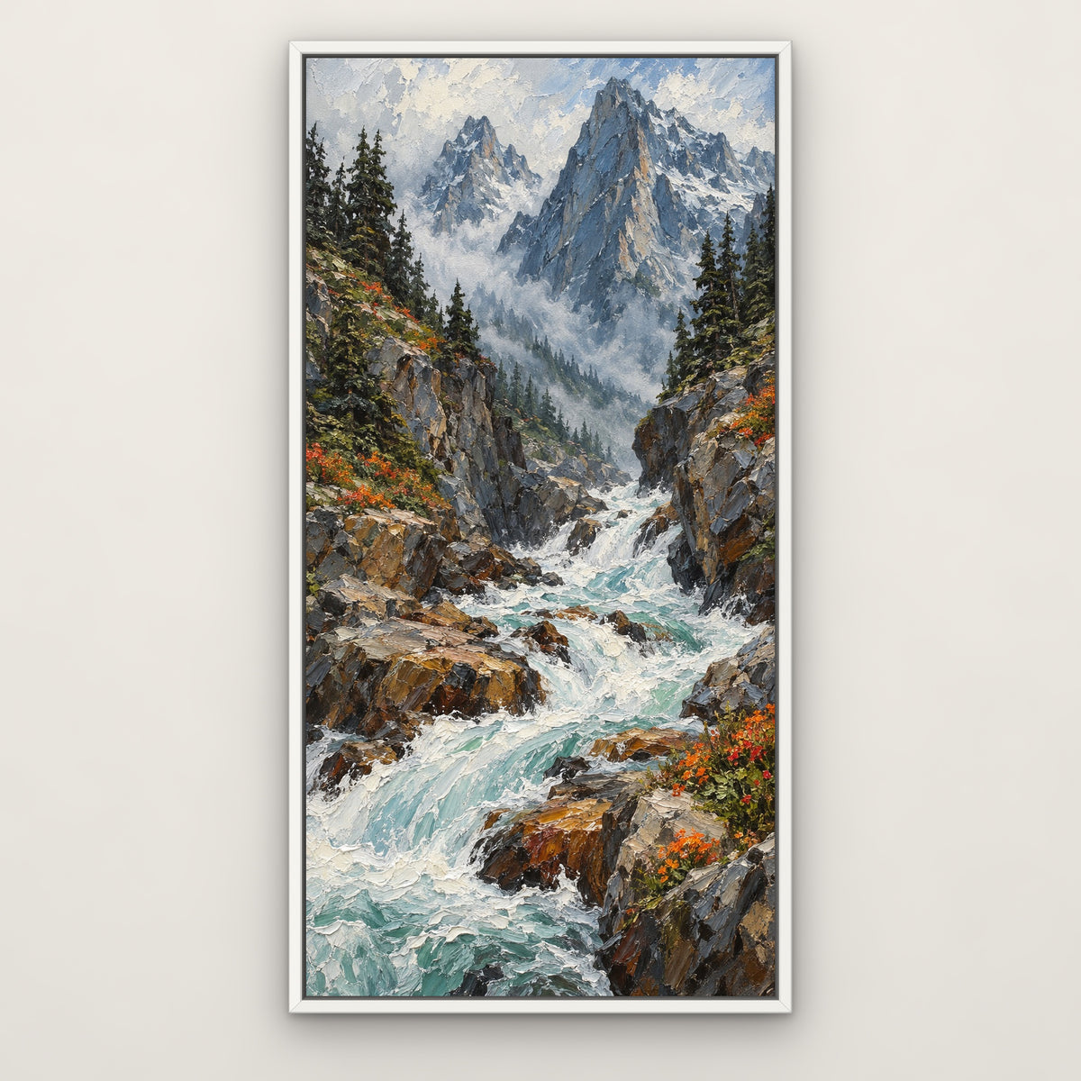 Mountain Rapids, blue mountain landscape hand-painted canvas wall art in a slim white float frame – Gallery 23
