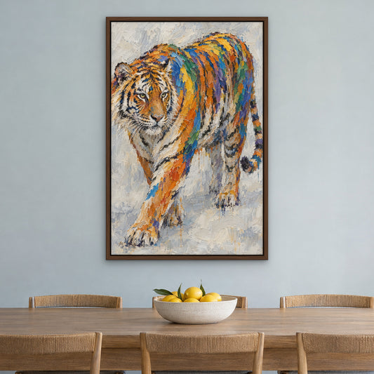 Patchwork Tiger, colourful pop art hand-painted canvas wall art in a dining room – Gallery 23
