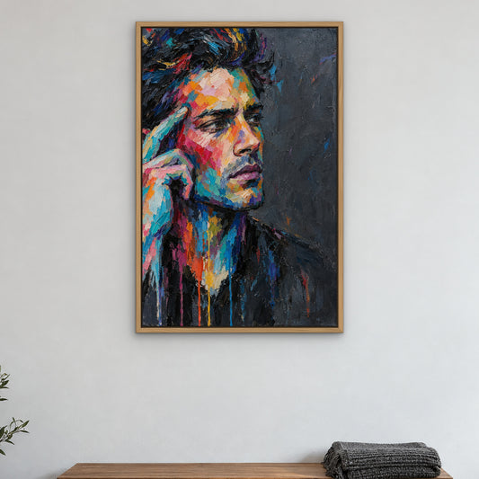 Spectrum Face, colourful abstract hand-painted canvas wall art in a bedroom – Gallery 23