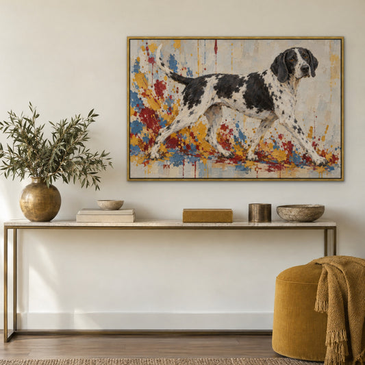 Spotted Hound, black and white animal hand-painted canvas wall art in a hallway – Gallery 23