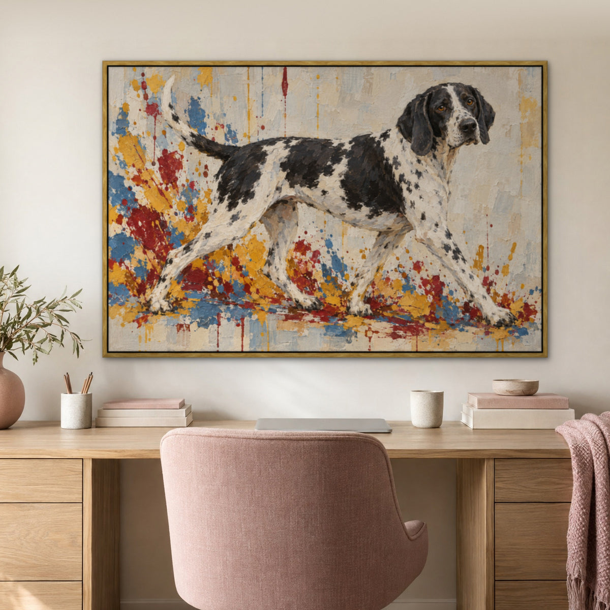 Spotted Hound, black and white animal hand-painted canvas wall art in a home office – Gallery 23