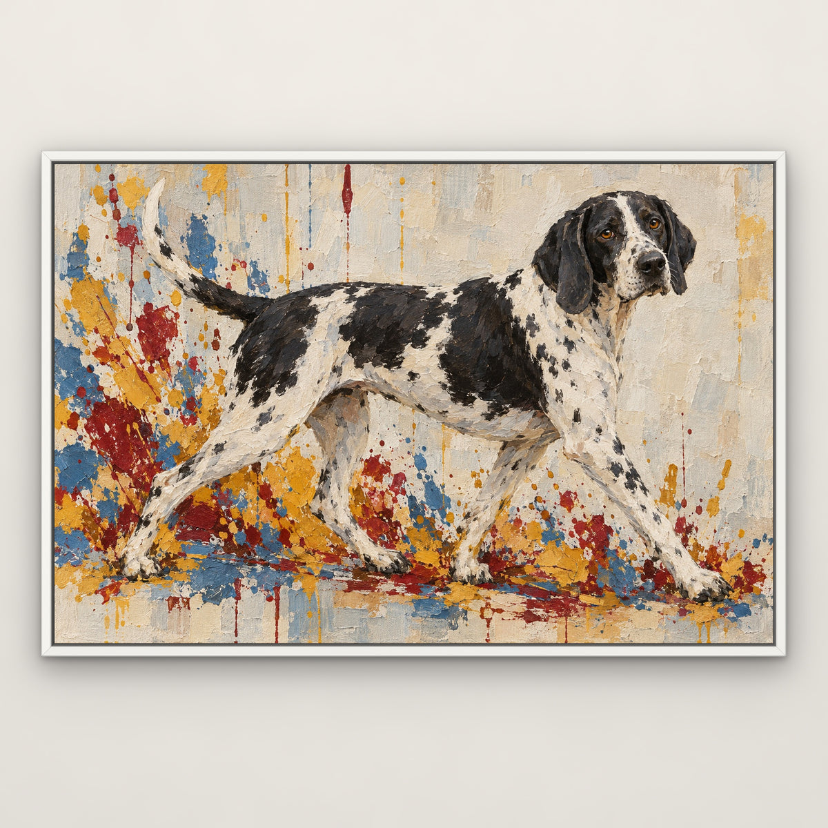 Spotted Hound, black and white animal hand-painted canvas wall art in a slim white float frame – Gallery 23