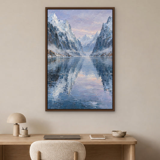 Frosted Fjord, blue abstract hand-painted canvas wall art in a home office – Gallery 23