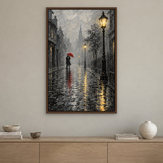 Lamplight Kiss, red figurative hand-painted canvas wall art in a living room – Gallery 23