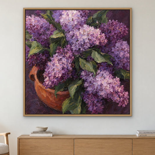 Lilac Bouquet, yellow floral hand-painted canvas wall art in a living room – Gallery 23