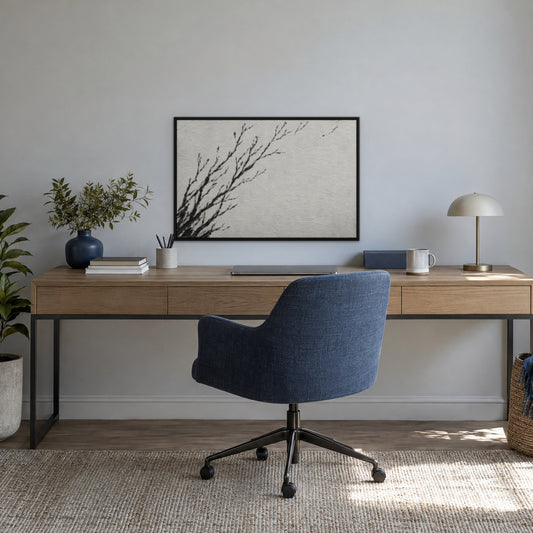 Ink Branches, black and white abstract hand-painted canvas wall art in a home office – Gallery 23