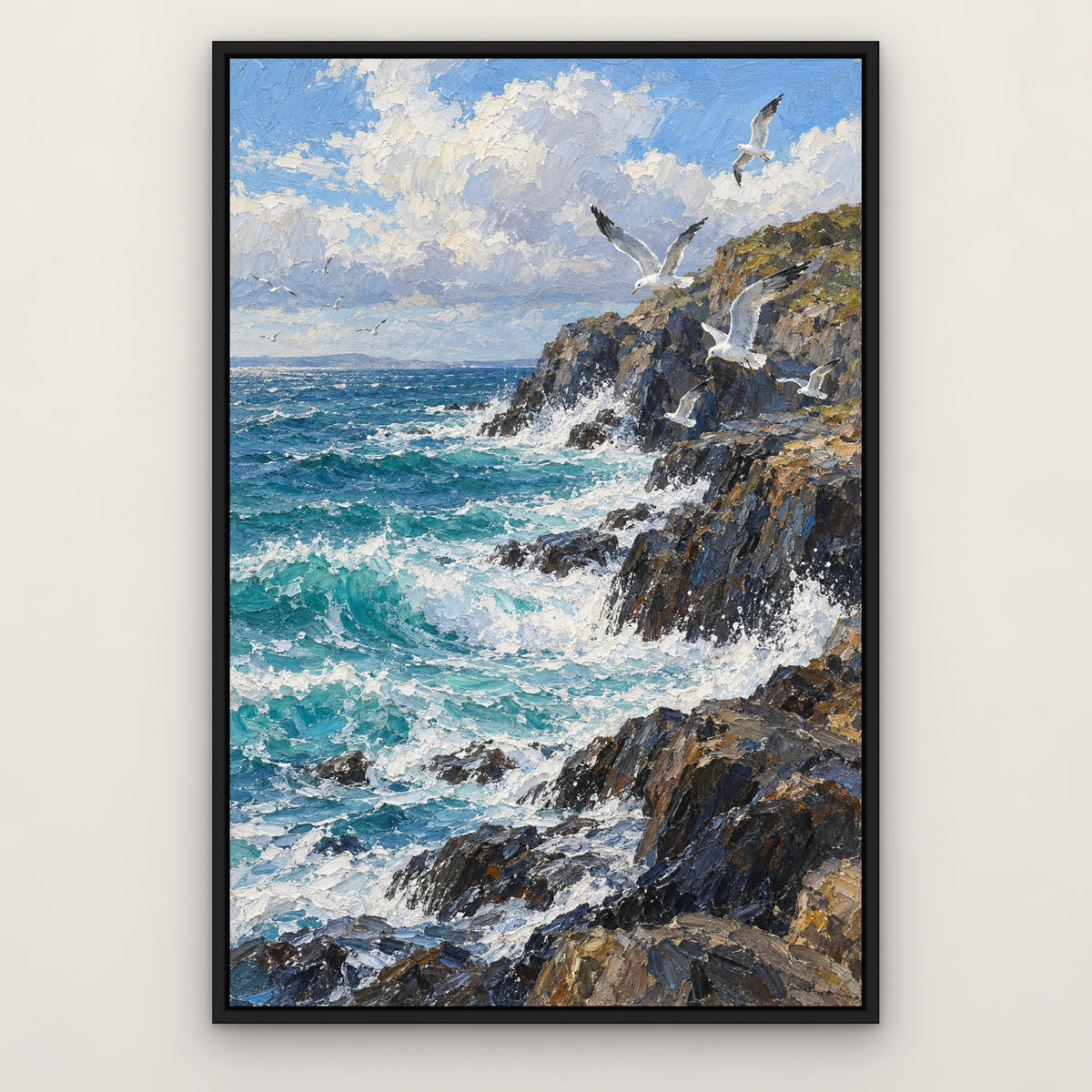Gull Coast, blue seascape hand-painted canvas wall art in a slim black float frame – Gallery 23
