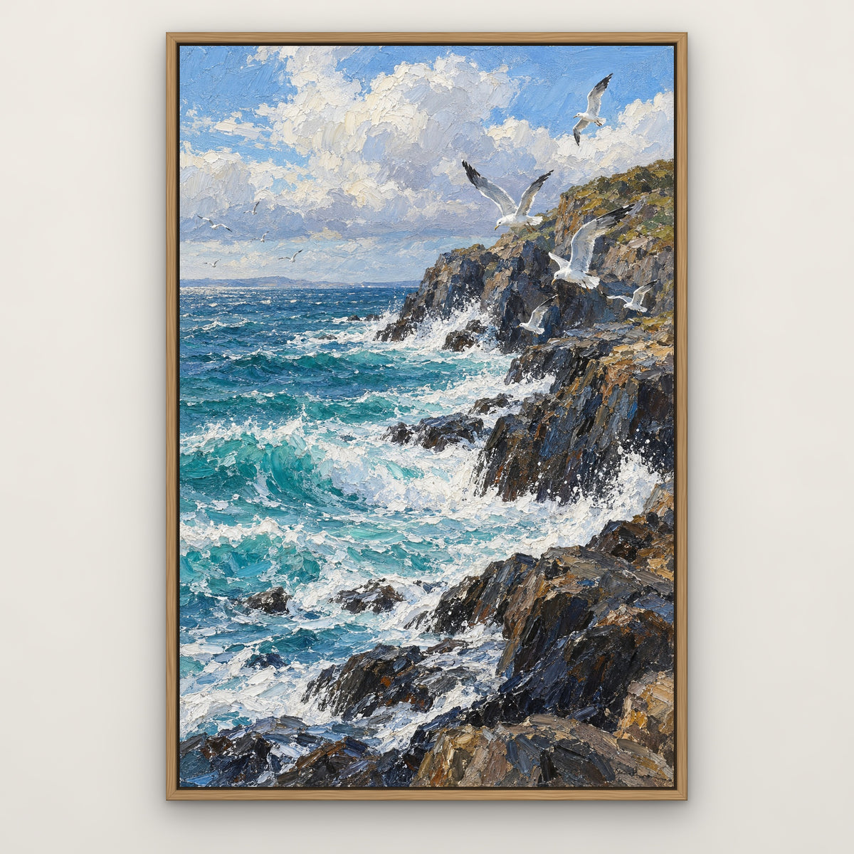Gull Coast, blue seascape hand-painted canvas wall art in a slim oak float frame – Gallery 23