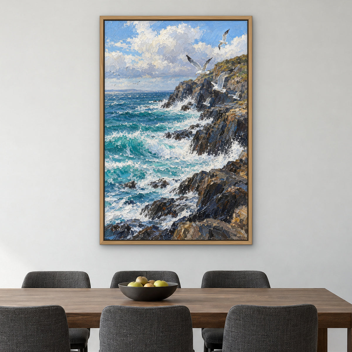 Gull Coast, blue seascape hand-painted canvas wall art in a dining room – Gallery 23