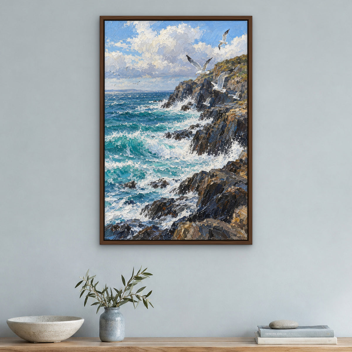 Gull Coast, blue seascape hand-painted canvas wall art in a hallway – Gallery 23