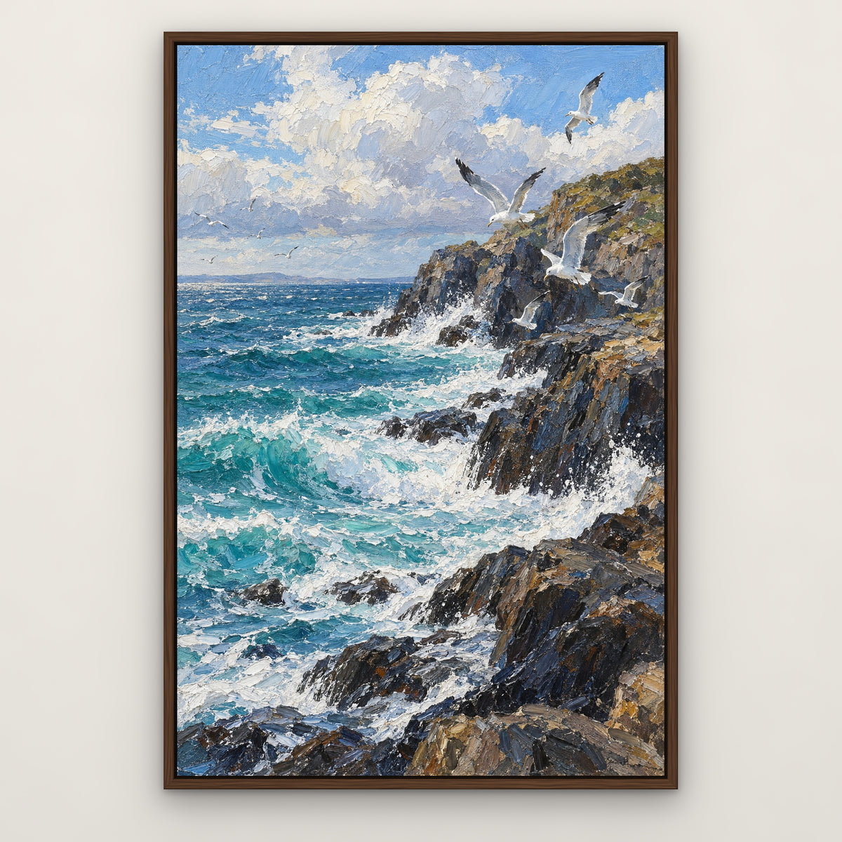 Gull Coast, blue seascape hand-painted canvas wall art in a slim walnut float frame – Gallery 23